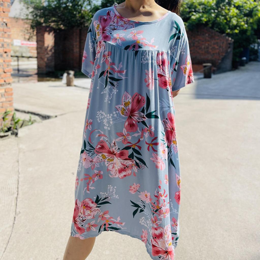 2023 Женская летняя ночная рубашка с коротким рукавом из хлопка и шелка с принтом