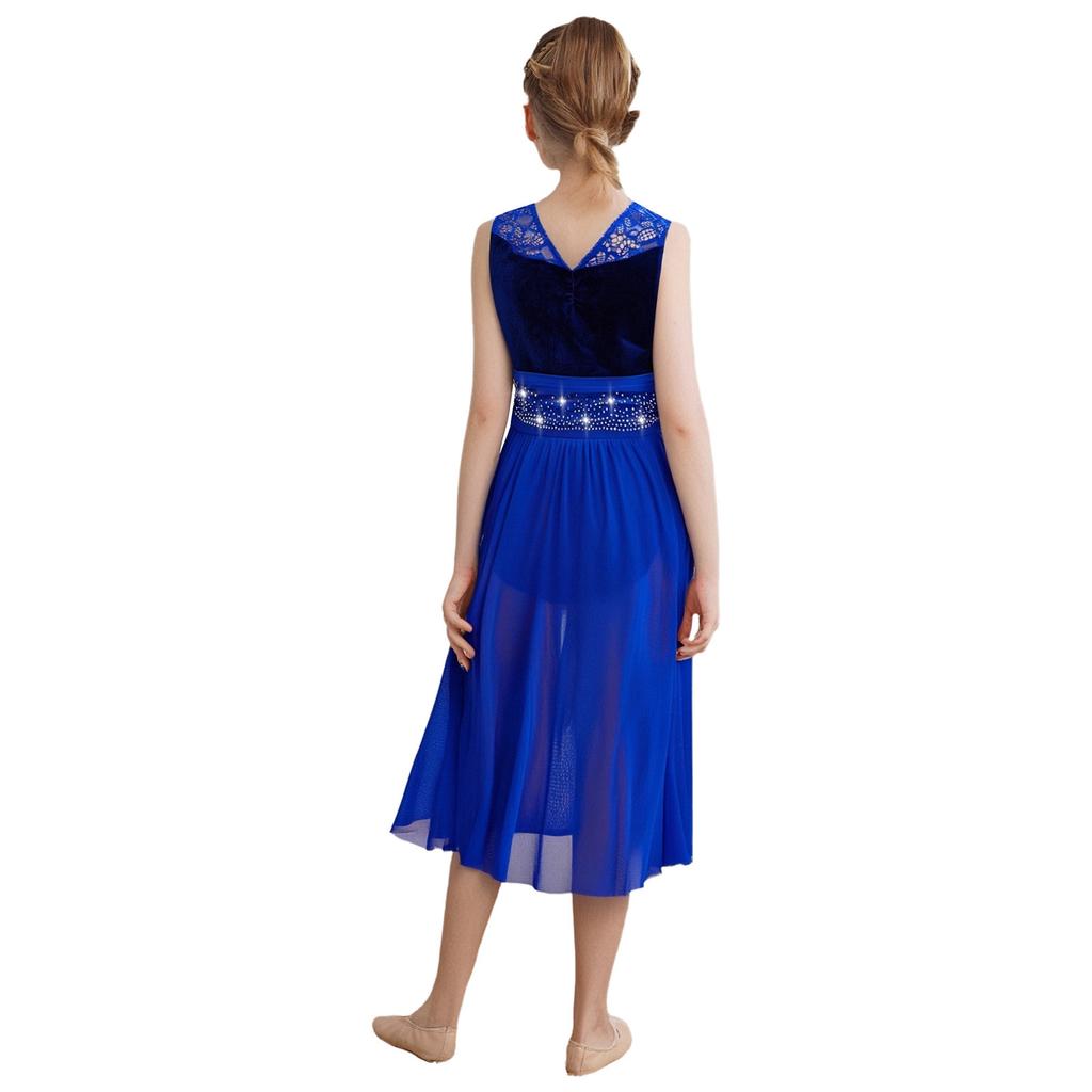 Платье для девочек с кружевной вставкой, сборчатой сетчатой накладкой, асимметричным подолом и сверкающими стразами, костюм для лирического танца