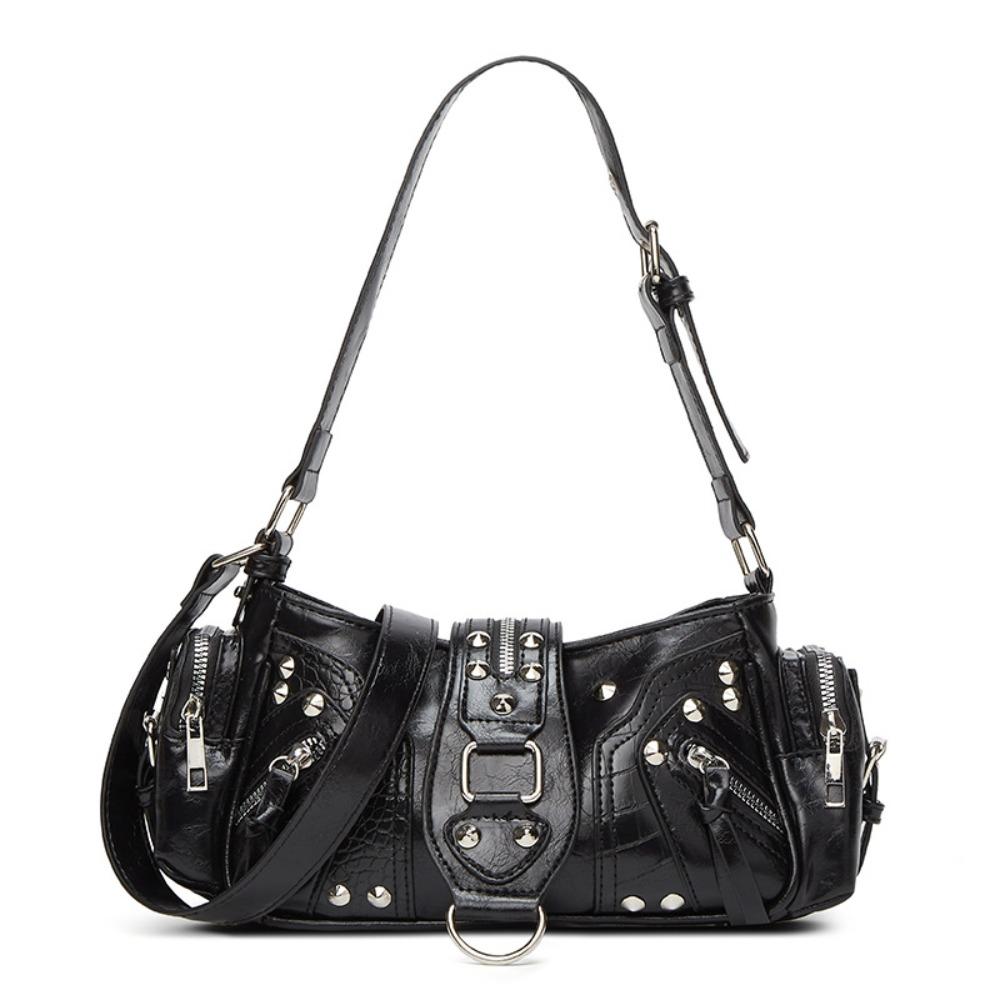 Punk Y2K Retro Rivet Shoulder Bag Oil Wax Leather Spicy Girl Motorcycle Bag Korean Multi-pocket Crossbody Bags Streetwear