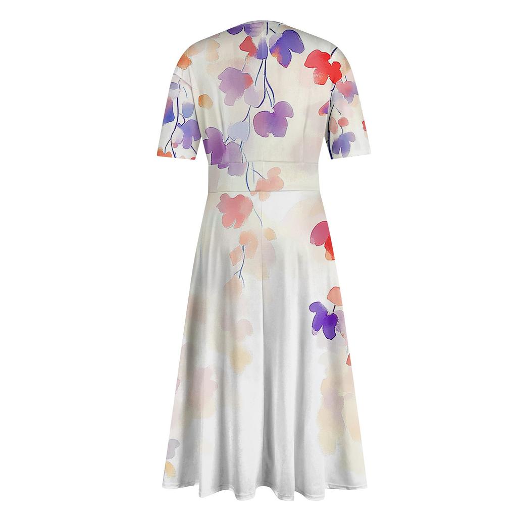 Женская повседневная мода Цветочный (лист) Платье-халат с принтом, V-образным вырезом, короткими рукавами и длинной юбкой-халат