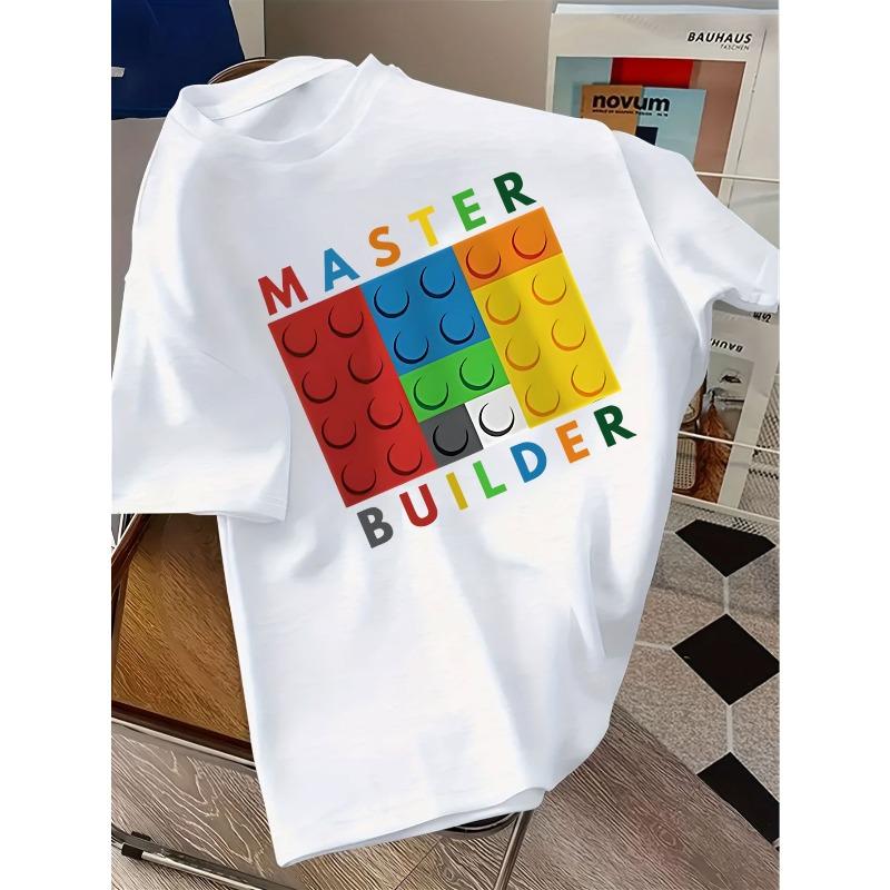 European sizes The T-Shirt Features a Colorful Block Pattern And The Words 'MASTER BUILDER', Making It a Stylish Casual Outfit Suitable