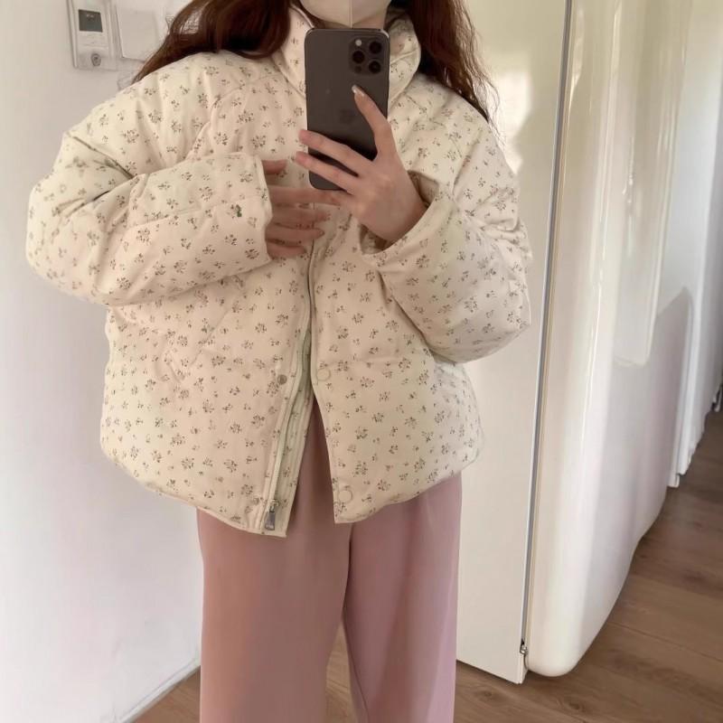 Womens Floral Print Puffer Jacket Winter Warm Cotton-Padded Coat Short Loose Fit College Style