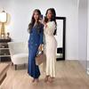 Spring Fall Women Dress Button Decor V Neck Knitted Long Sleeves Slim Fit Patchwork Fishtail Hem Solid Color Stretchy Maxi Dress