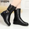 Женские кожаные сапоги, кожаные плюшевые сапоги, зимние теплые сапоги на плоской подошве, модные сапоги до середины голени для зимы, женская обувь