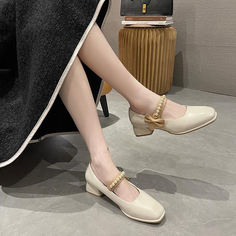 Fashion New Square Toe Thick Heel Shallow Mouth Bowknot Pearl Decoration Elegant Women's Shoes Sexy Fashion Casual Party Low Heels