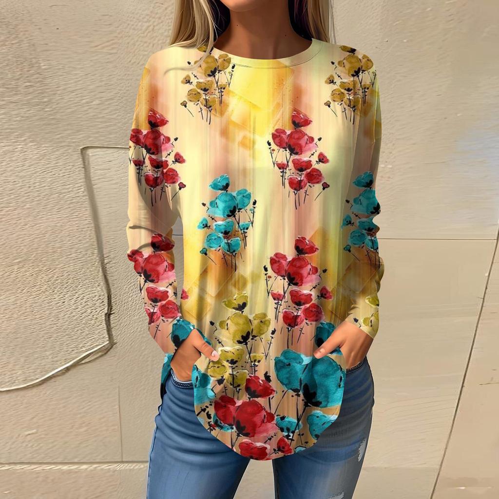 Футболки для женщин, осенний повседневный модный топ с длинным рукавом, пуловер с принтом, топ