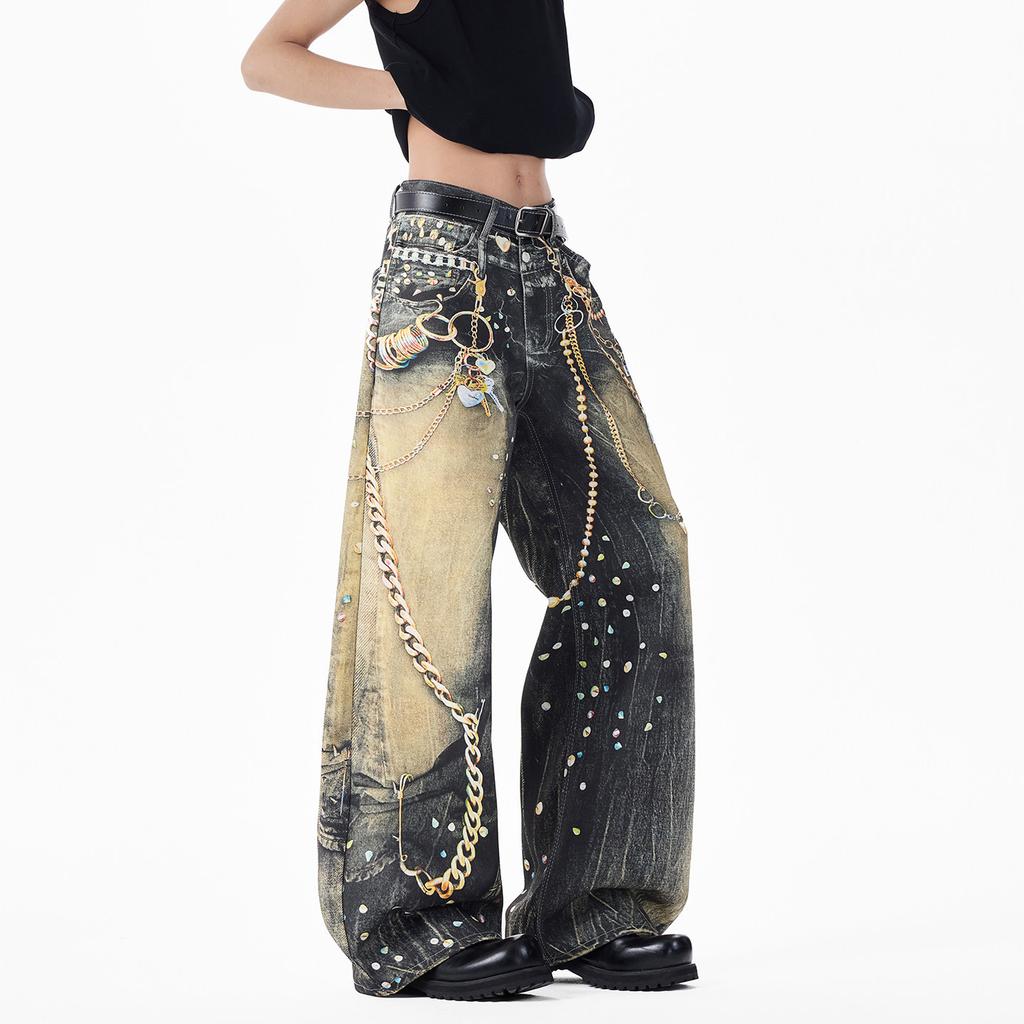 Fashion New American High Street 3D Chain Printed Jeans Men's Retro Washed Loose Candy Pants