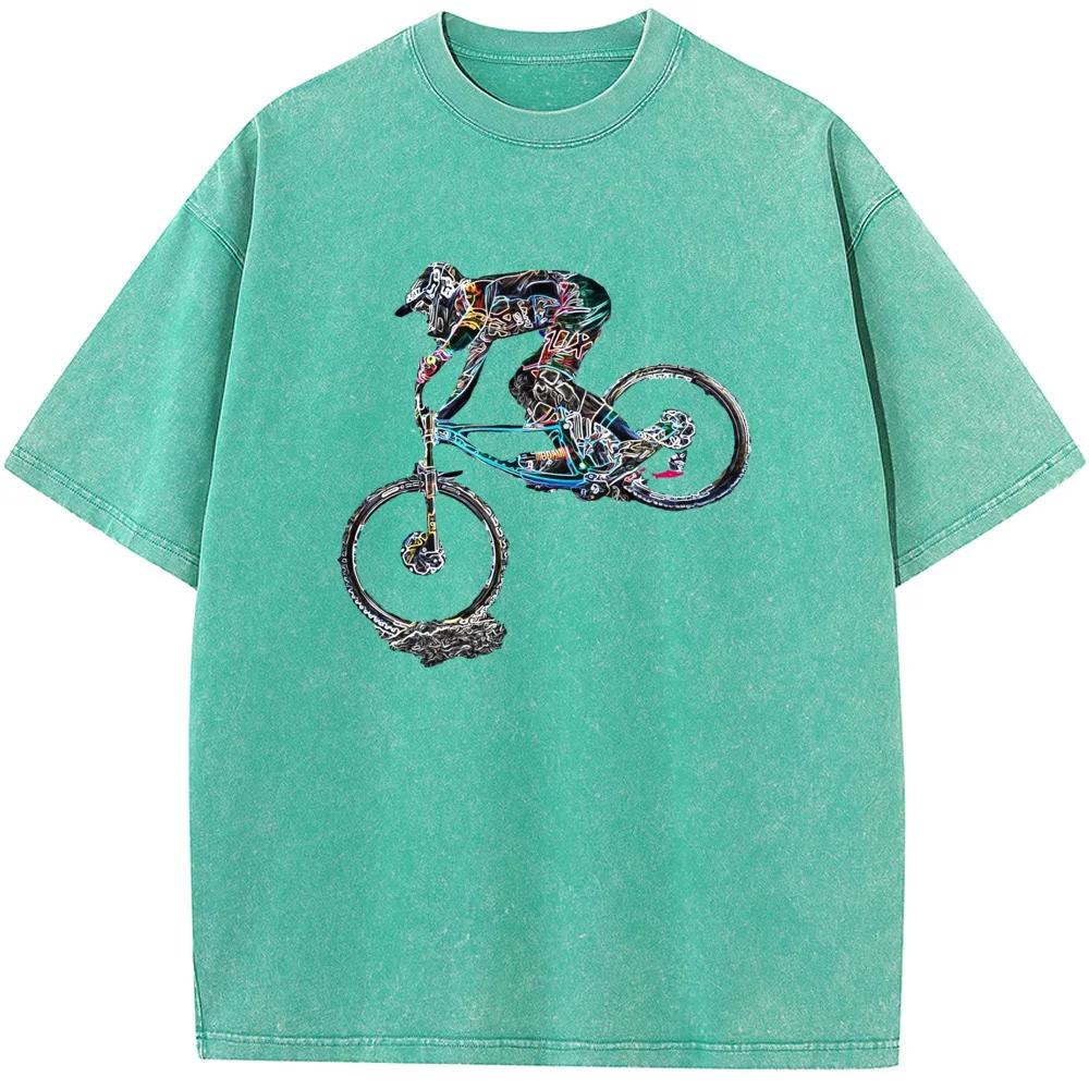 Футболка с короткими рукавами и красочным принтом горного велосипеда, хлопковая стираная футболка с круглым вырезом, новинка, повседневная свободная отбеленная футболка