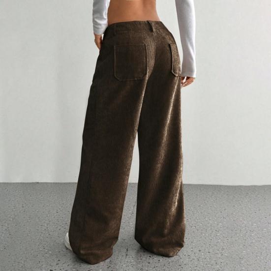 Женские брюки с низкой посадкой, на молнии и пуговице, прямые широкие длинные брюки с карманами, однотонные рубчатые брюки для отдыха