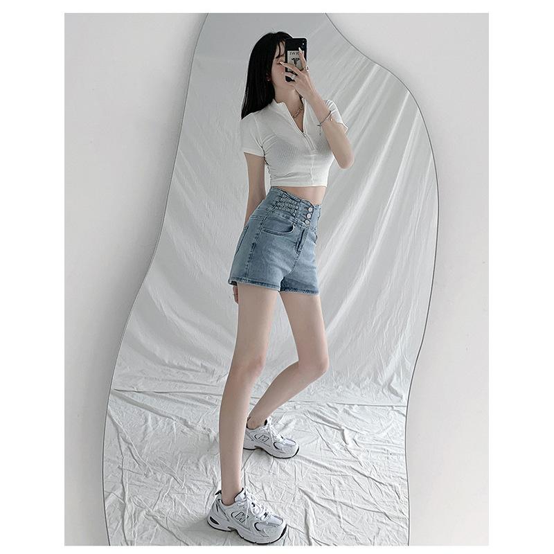 Черные джинсовые шорты с застежкой на пуговицы и высокой талией, корректирующие живот, для женщин, эластичные прямые брюки А-силуэта, широкие шорты в стиле Ins