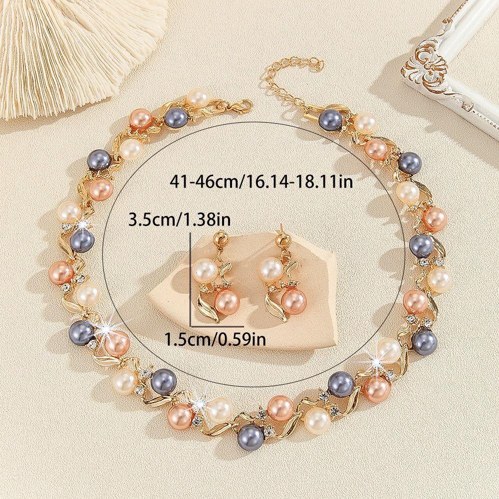 Fashion Elegant Pearl Necklace Leaf Rhinestone Colorful Pearl Necklace Women Jewelry Dangle Earrings Necklace Earrings Set Party