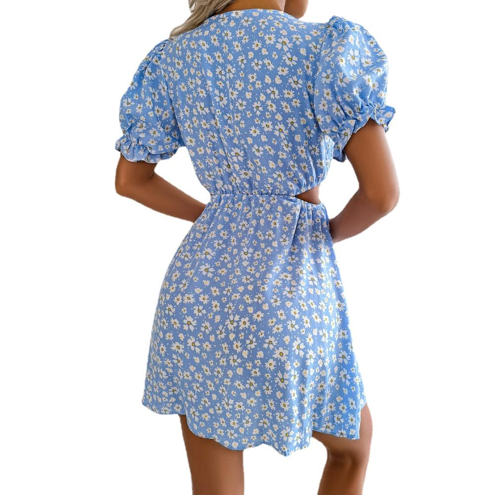 GMXIA Весенне-летнее повседневное платье с вырезом на шнуровке и коротким рукавом с цветочным принтом для женщин, юбка