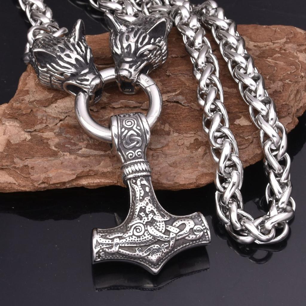 Men 'S Stainless Steel Necklace Viking Stainless Steel Wolf Head Thor 'S Hammer Pendant Necklace