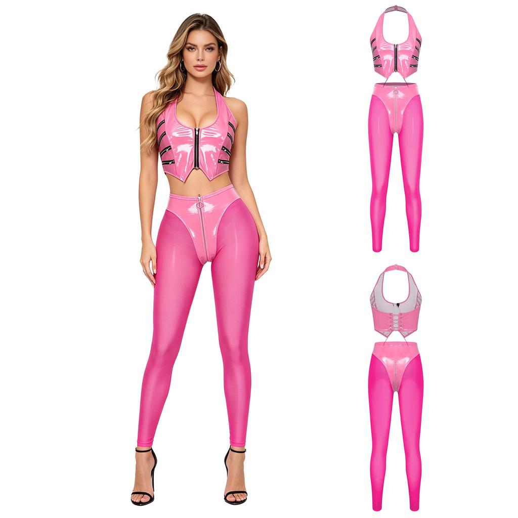 S-XXL Women’s Glossy PU Leather Halter Crop Top Back Lace Multi Zip Detail with Sheer Mesh High Rise Leggings for Y2K Night Out Clubwear