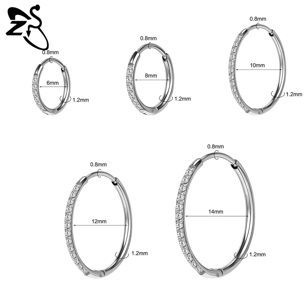 ZS 1 шт. 20G Серьга-кольцо из нержавеющей стали 6/8/10/12 мм Круглые серьги-гвоздики Кристалл CZ Пирсинг носа Хеликс Хрящ Циркон