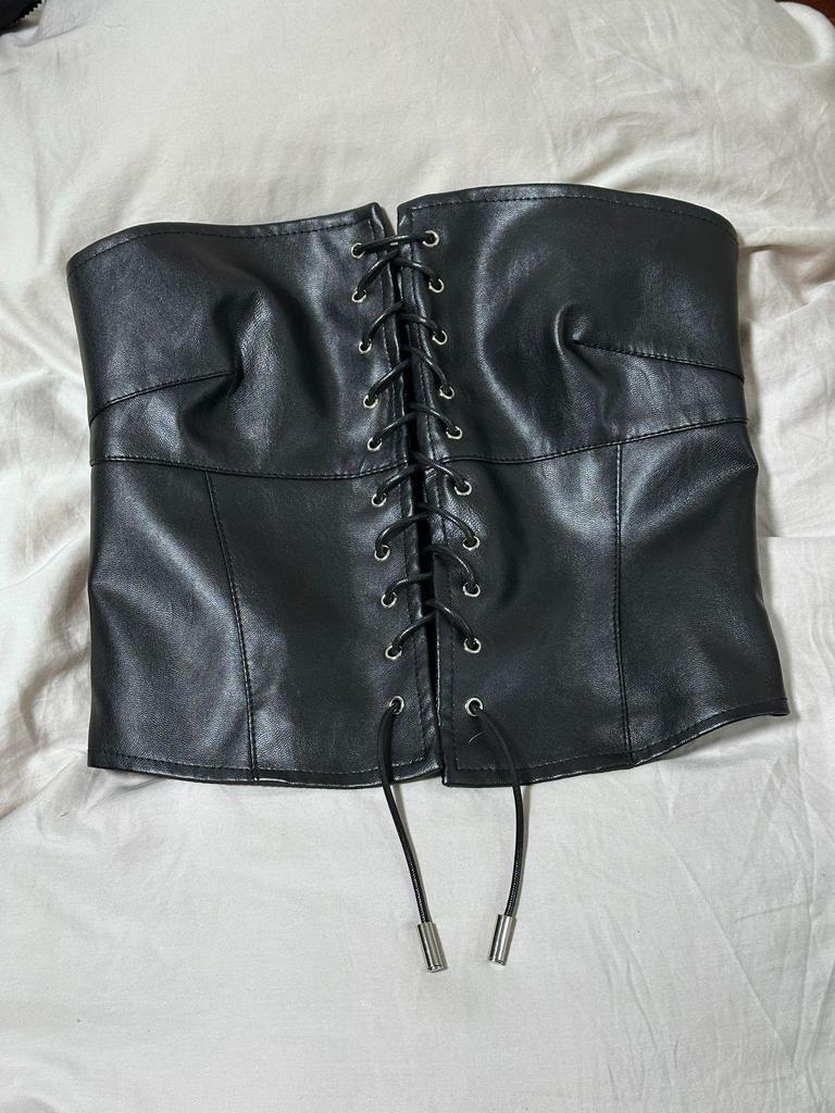 Европейский и американский ретро кроп-топ бандо на шнуровке из ПУ кожи для женщин - Сексуальный, Короткий, Облегающий, Красивая спина, Настраиваемый, Для улицы.