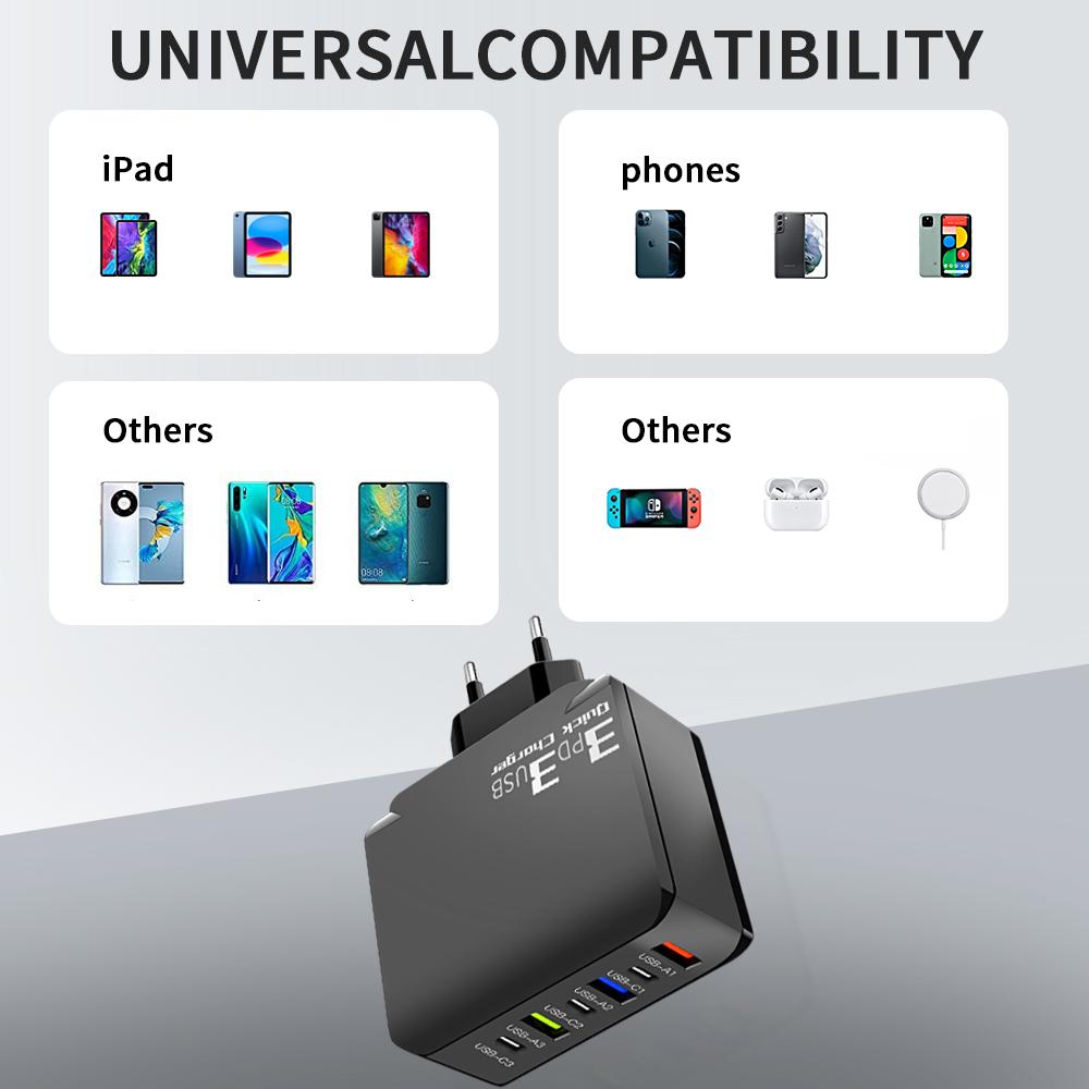 65 Вт 6-портовое USB-зарядное устройство Type C с быстрой зарядкой QC3.0, дорожное зарядное устройство для iPhone, Samsung, Xiaomi, адаптер для мобильного телефона, вилка ЕС и США