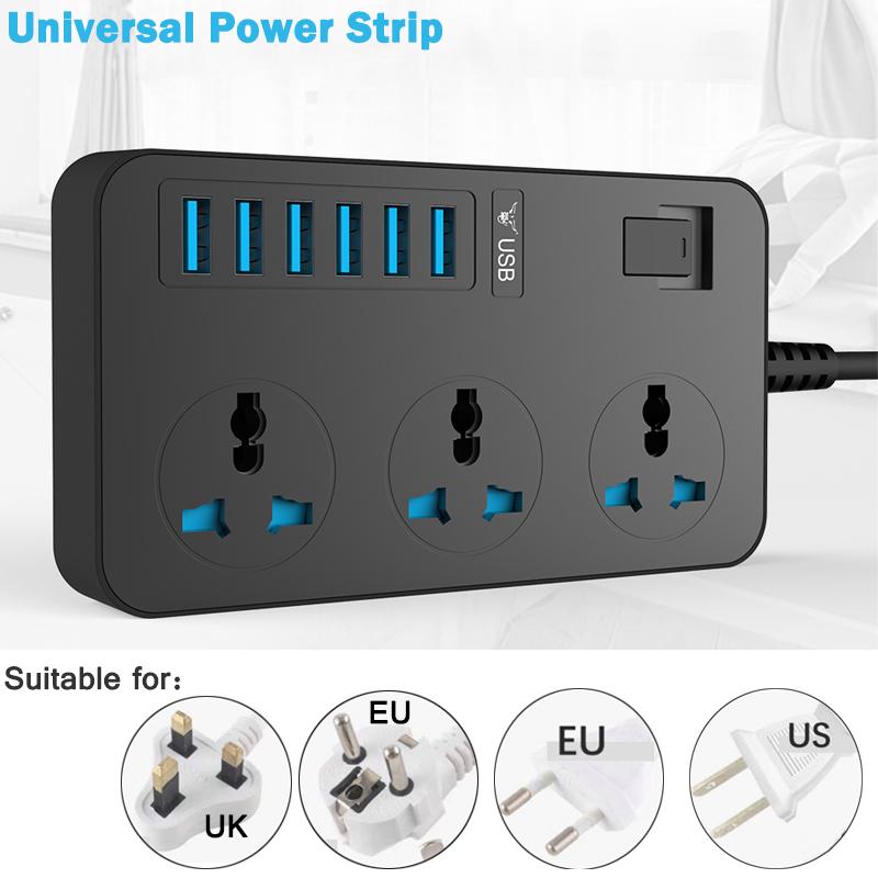 Многофункциональный универсальный удлинитель с 3 розетками, 6 USB-портами для зарядки и шнуром длиной 2 м, вилкой европейского/британского/американского стандарта
