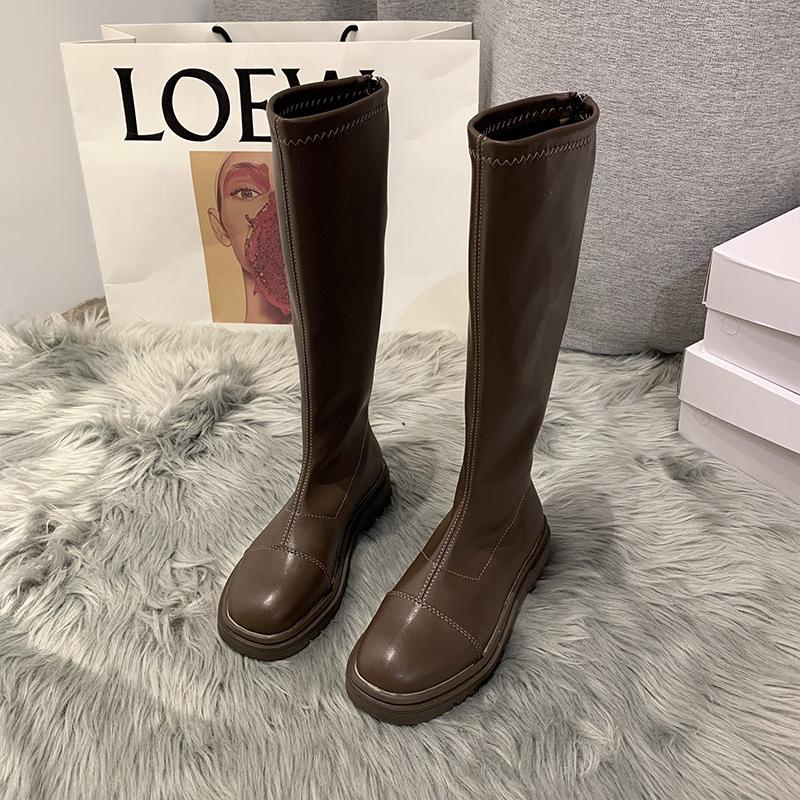 Обувь Женские кожаные сапоги Сапоги-женщины Сексуальные бедра Высокие каблуки Сексуальные круглые носки 2024 выше колена Женские низкие резиновые белые