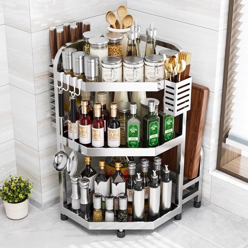 Stainless Steel 3-Tier Kitchen Corner Storage Rack with Utensil Holders
