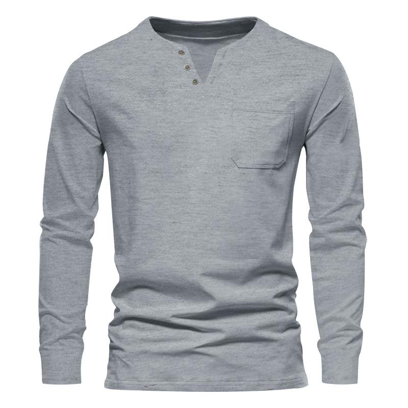 Мужская однотонная осенняя футболка с карманом на пуговицах и v-образным вырезом, мужские белые, черные базовые топы, футболки с длинными рукавами