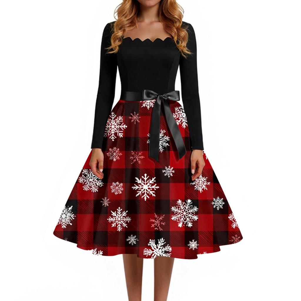 Christmas Print Flare Dress For Women Long Sleeve Dress Hollow Party Casual Square Collar Dresses