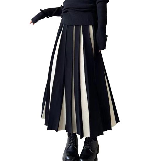 Женская миди-юбка с высокой талией, лоскутная цветная плиссированная юбка, осенняя вязаная юбка, универсальная, удобная для повседневной носки