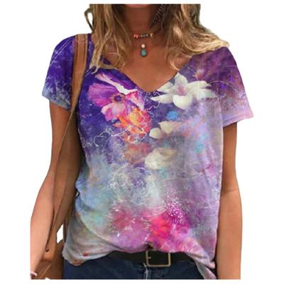 Модные весенние блузки с цветочным принтом, футболки с коротким рукавом и V-образным вырезом, повседневные