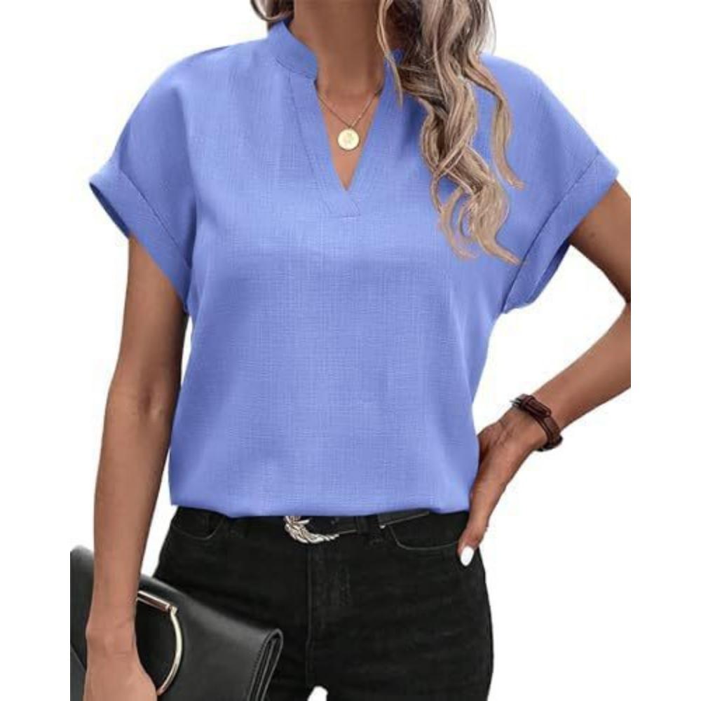 Women's Fashion Casual Summer Solid Color Short Sleeve V-Neck Blouses & Shirts