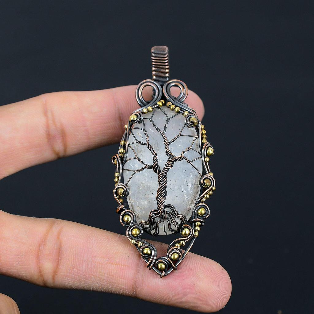 Tree Of Life Selenite Gemstone Pure Copper Wire Wrapped Handmade Pendant Jewelry
