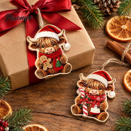 Cute Highland Cow Gift Items Christmas Ornament Set, 2D Flat Wooden Ornaments Hanging Decor with String, Holiday Tree Party Decoration Farm Animal