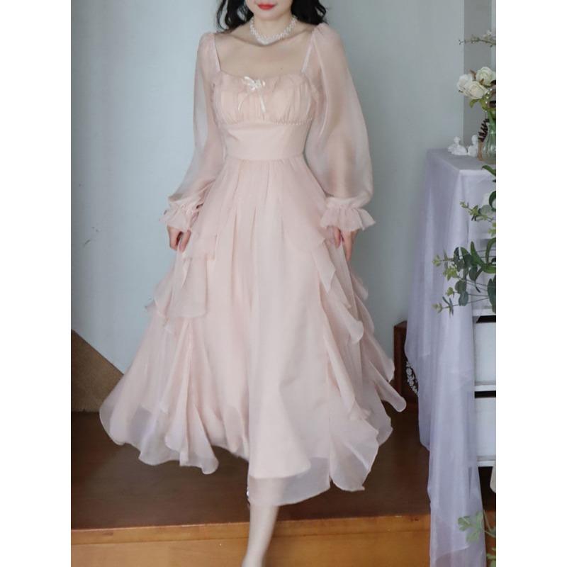 Vintage Fairy Chiffon Long Dress Women White Elegant French Party Midi Dress Puff Sleeve Casual Women's Clothing