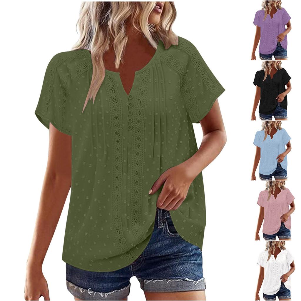 Solid Color Lace Hollow Pleated Top V-Neck Pullover Short Sleeved T-Shirt For Women