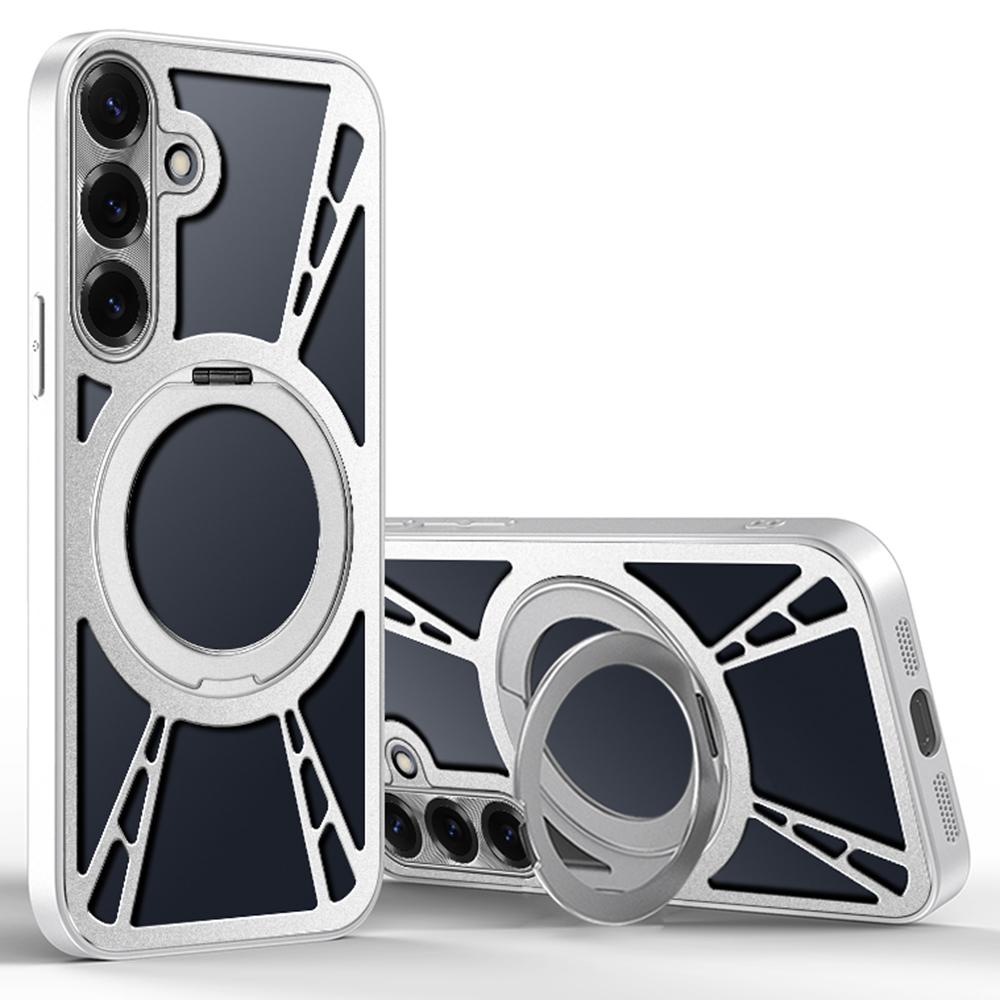 Чехол для Samsung Galaxy S25 с магнитной подставкой, полый для отвода тепла, силикон+ПК+металлический бампер, чехол для телефона