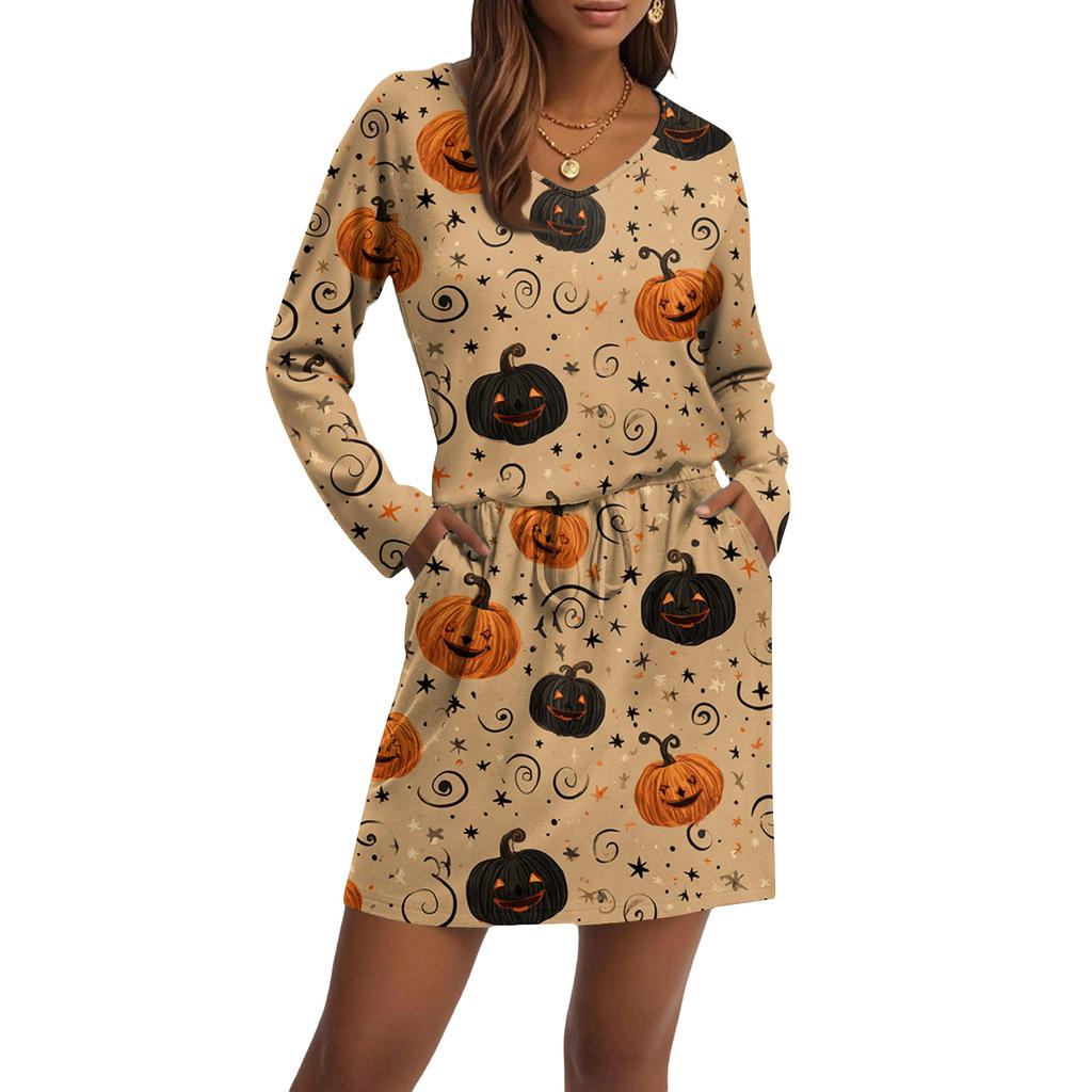 Women's Fashionable V-neck Long Sleeved Drawstring With Pocket Halloween Printed Casual Dress