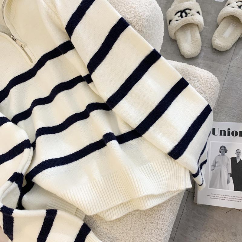High-Quality Korean-Style Trendy Knit Zipper Sweater for Women – Blue Striped, One Size