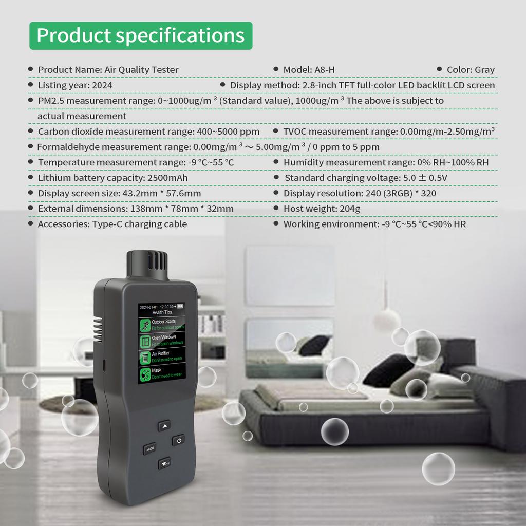 Air Quality Monitor Indoor Air Quality Tester HCHO CO₂ TVOC PM2.5 Temp Humidity Air Quality Detector High Precision
