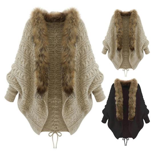 Женский кардиган с длинным рукавом, свитер, пальто с открытой передней частью, вязаный косами, с воротником из искусственного меха, зимняя теплая верхняя одежда