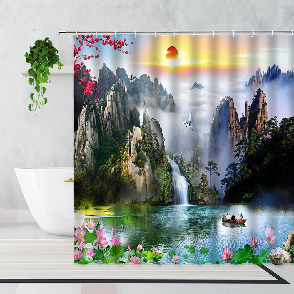 Zen Bamboo Forest Shower Curtain Summer Forest Jungle Waterfall Rock Nature Scenery Bath Curtains Set Green Landscape Bathroom