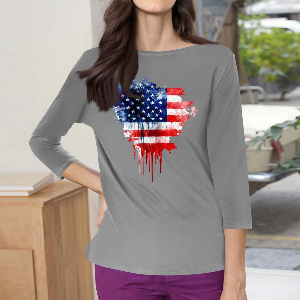 3/4 Sleeve Tops For Women T-Shirt Casual Print Tops T Shirt Round Neck Pullover Blouse