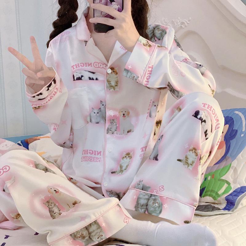 "Korean Ins-Style Imitation Silk Pajamas: Women's Long-Sleeve Cute Bear Dot Set"