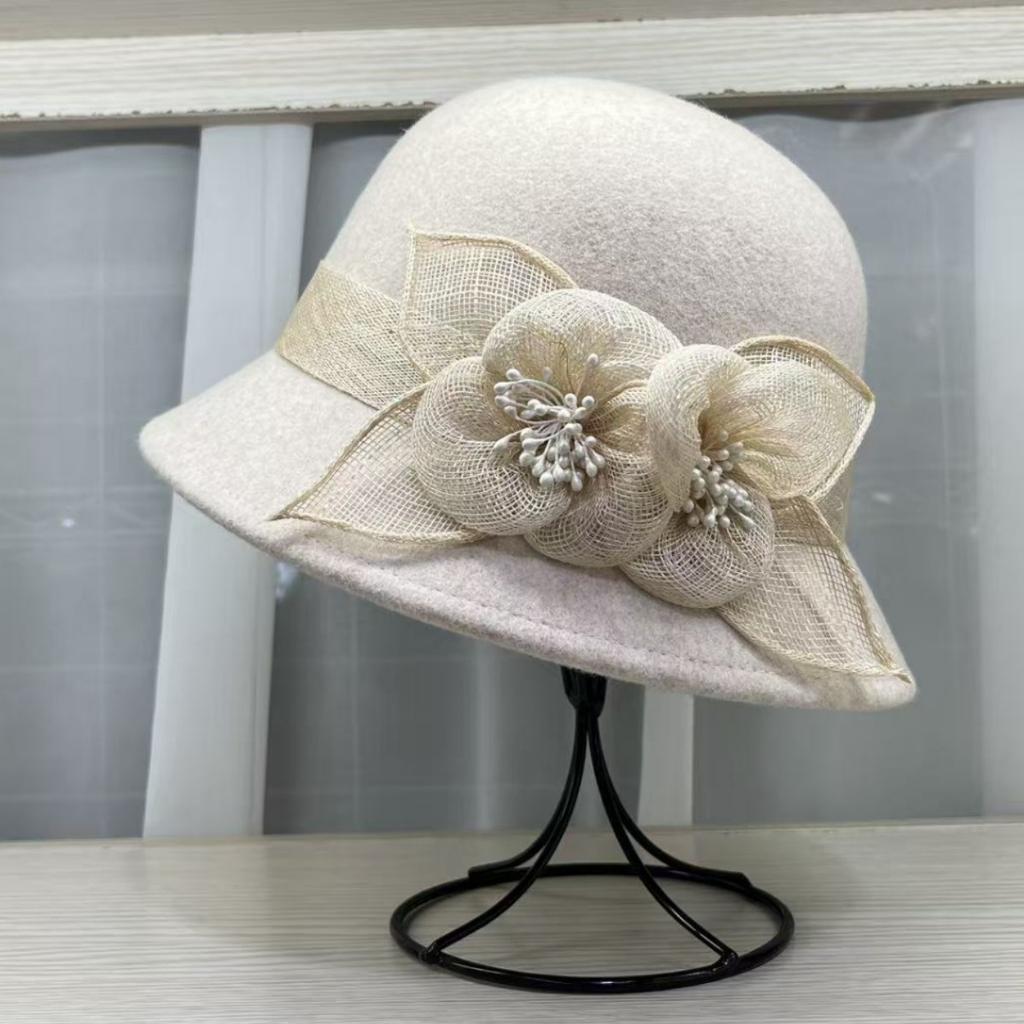 French romantic autumn and winter celebrity wool three-dimensional linen yarn flower top hat women's French retro temperament basin hat advanced sense