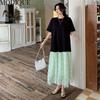 MODIQUE Summer Plus Size Women Loose Versatile Lace Patchwork Pleated Cotton T-Shirt Long Dresses Female Casual Short Sleeve O-Neck Dresses