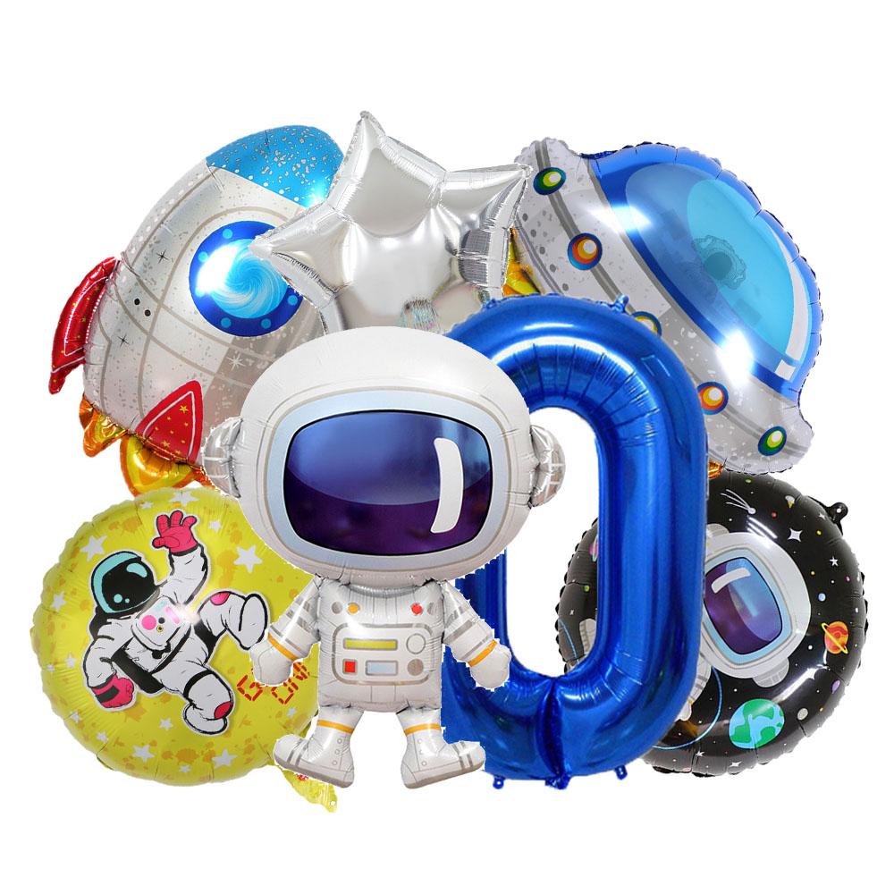 7 Pcs Rocket Astronaut Foil Balloon Universe Outer Space Theme 0-9 Years Old Children Boys Birthday Party Decoration Baby Shower