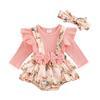 Baby Girls 2Pcs Fall Outfits, Long Sleeve Romper 3M 6M 9M 12M Floral Suspender Dress + Headband Set