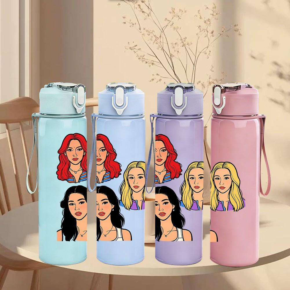 1PC Curly Hair Red Lady Portrait 750ml Color Plastic Sports Water Bottle Leakproof Flip Straw Lid Suitable for Sports Office Home Use