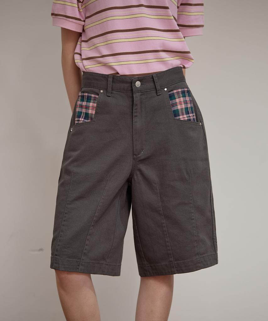 WAIKEI Check Applique Half Pants Charcoal