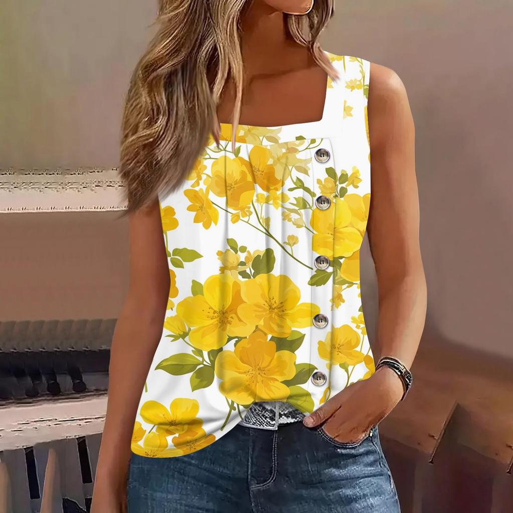 Женская мода, повседневный базовый плиссированный жилет без рукавов с квадратными пуговицами и принтом, летние майки