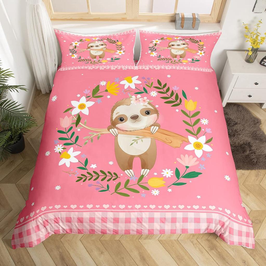 Comforter Kawaii Rabbit Cartoon Animal Bedding Set Geometry Grid Checkered Comforter Colorful Flowers Butterfly Bed Set