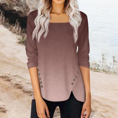 Женский топ, свободная повседневная футболка с квадратным вырезом и пуговицами, рукав три четверти, топ